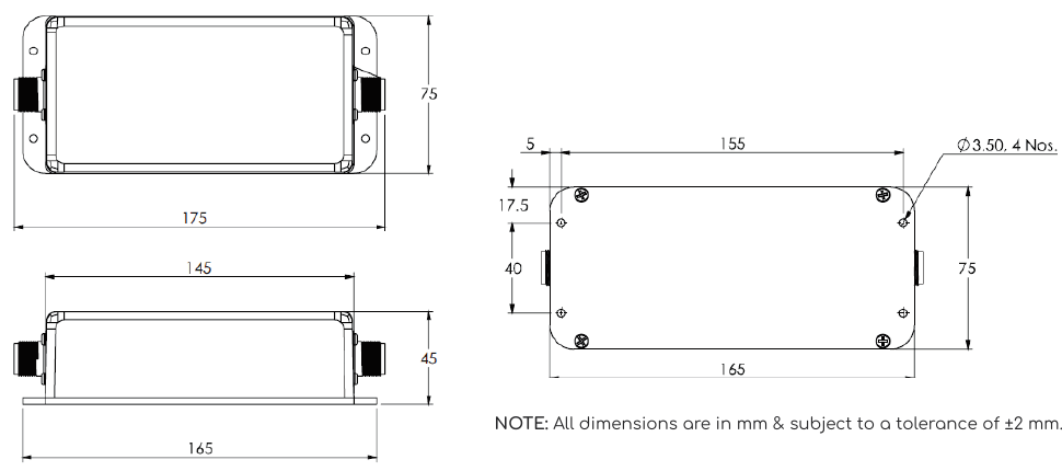 AMA Series enclosure mechanical drawings with mounting hole locations and dimensions in millimetres